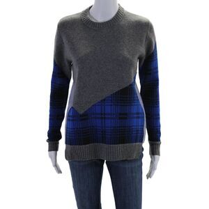 Thakoon Addition Womens Plaid Crew Neck Sweater Gray Blue Wool Size Extra Small